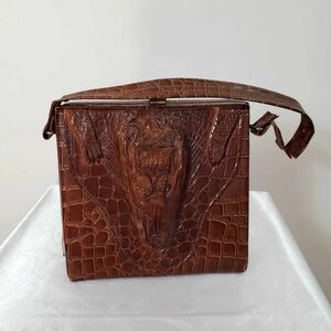 Vintage 60s Alligator Genuine Exotic Skin Shoulder Hand Bag Brown Reptile